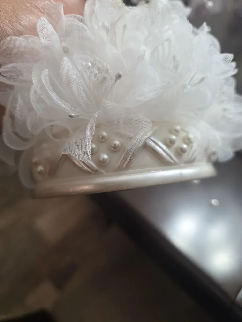 White Bride and Groom Wedding Cake Topper with Pearl Floral Accents